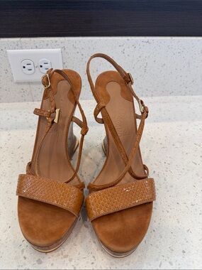Salvatore Ferragamo Tan Leather Sculpted Cork Wedge Sandals Heels